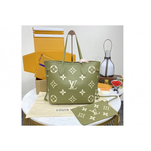 Louis Vuitton M46649 Neverfull MM tote Bag in Light Khaki Cream Monogram Empreinte leather