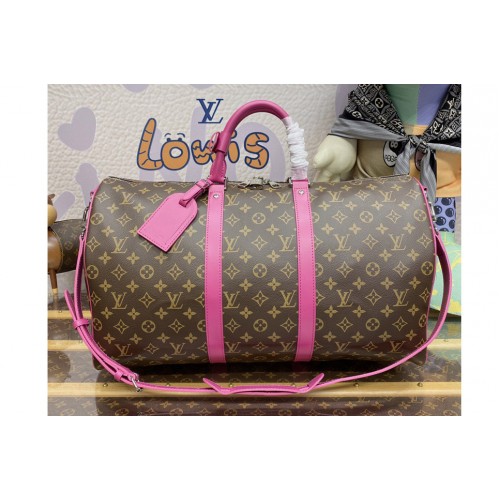 Louis Vuitton M46773 Keepall Bandouliere 50 travel bag in Monogram Macassar coated canvas With Pink