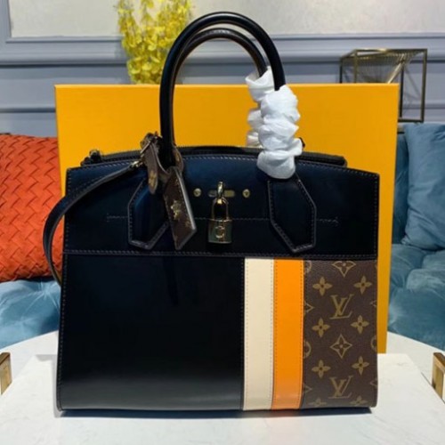 Louis Vuitton M55433 City Steamer MM handbags Black Yellow Beige Calf leather and Monogram Canvas