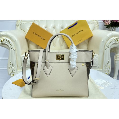 Louis Vuitton M58485 On My Side MM tote bag in Greige Calfskin and Monogram coated canvas