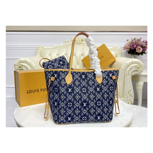 Louis Vuitton M57484 Neverfull MM tote Bag in Blue Jacquard Since 1854 textile
