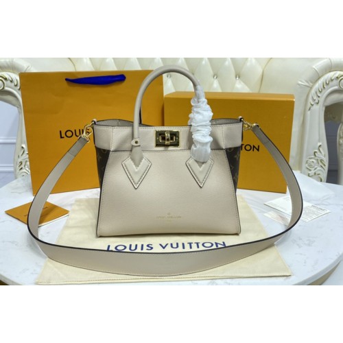 Louis Vuitton M57729 On My Side PM tote bag in Greige soft calf leather and Monogram canvas