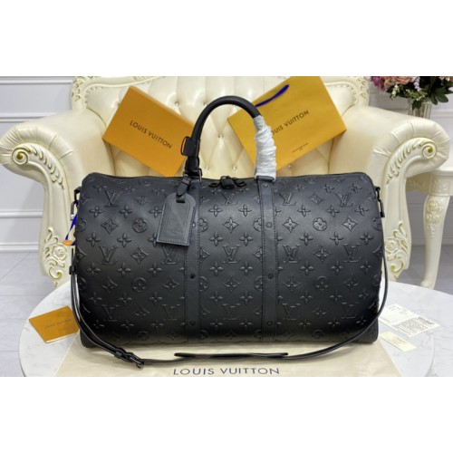 Louis Vuitton M57964 Keepall Bandoulière 50 Travel Bag in Black Monogram Seal cowhide leather