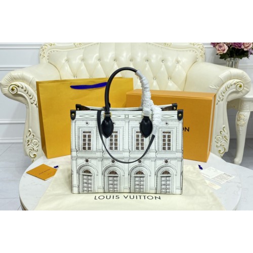 Louis Vuitton M59264 OnTheGo MM tote bag in Black and White Printed matte calf leather