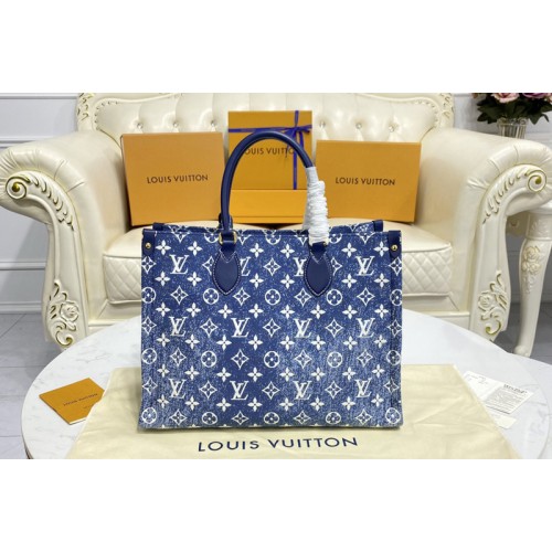 Louis Vuitton M59608 Onthego MM tote Bag on Navy Blue Monogram denim jacquard
