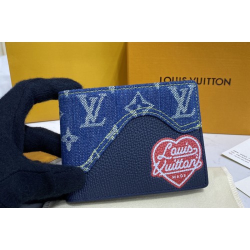 Louis Vuitton M60895 Monogram Denim Multiple Wallet in Blue Monogram denim and Navy Blue Taurillon leather
