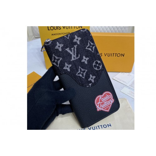 Louis Vuitton M63095 Zippy Vertical wallet in Black Monogram denim and Taurillon leather