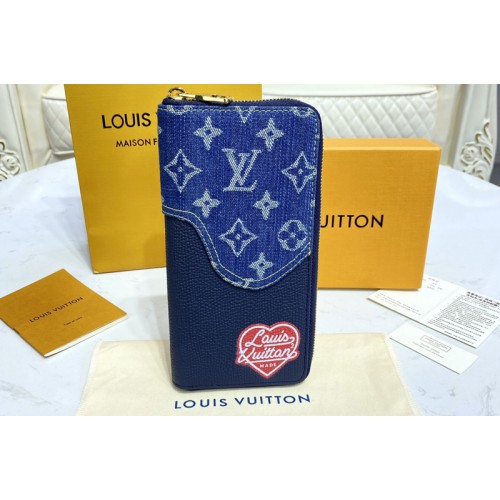 Louis Vuitton M63095 Zippy Vertical wallet in Blue Monogram denim and Navy Blue Taurillon leather
