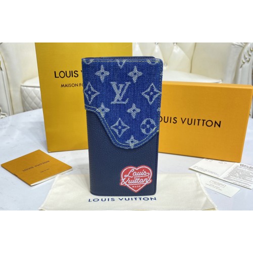 Louis Vuitton M66540 Brazza wallet in Blue Monogram denim and Navy Blue Taurillon leather