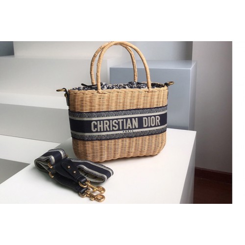 Christian Dior M7601 Dior Wicker basket bag in Blue Dior Oblique Jacquard and Natural Wicker