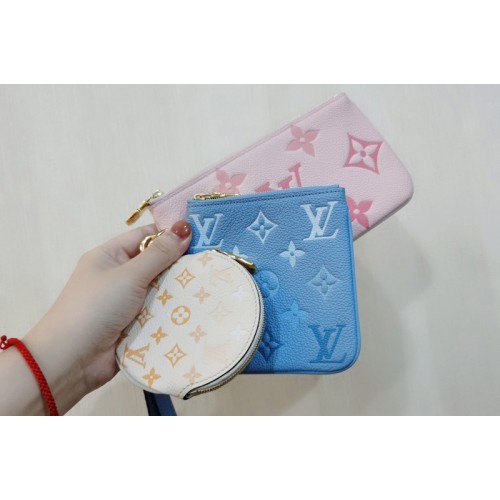 Louis Vuitton M80407 Trio Pouch in Pink Summer Blue Cream Monogram Empreinte leather