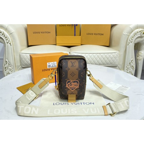 Louis Vuitton M81005 Flap Double Phone Pouch in Monogram Stripes Brown coated canvas