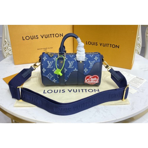 Louis Vuitton M81011 keepall xs Bag in Blue Monogram denim and Navy Blue Taurillon leather