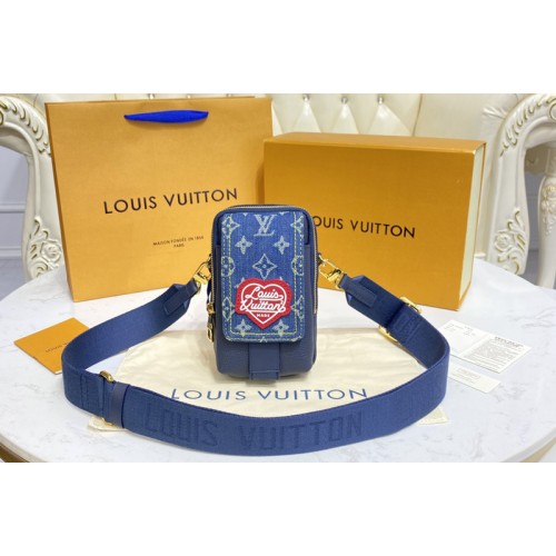 Louis Vuitton M81060 flap double phone pouch in Blue Monogram denim and Navy Blue Taurillon leather