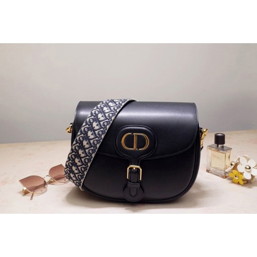 Christian Dior M9320 Large Dior Bobby Bag in Black Box Calfskin with Blue Dior Oblique Embroidered Strap