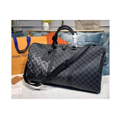 Louis Vuitton N40264 Keepall 50 Bandouliere soft travel bag in Damier Graphite canvas