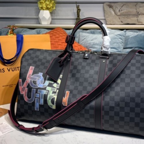Louis Vuitton N40262 Keepall 50 Bandouliere soft travel bag in Damier Graphite canvas
