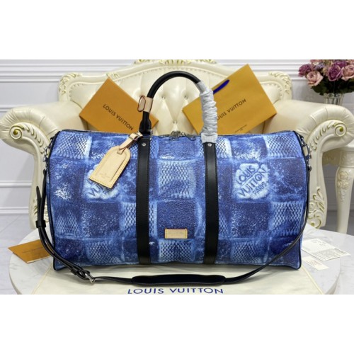 Louis Vuitton N50059 Keepall Bandoulière 50 Bag in Ocean Blue Damier Salt canvas