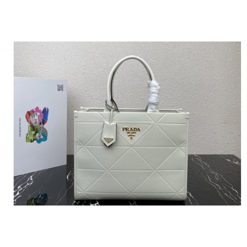 Prada 1BA378 Medium leather Prada Symbole bag with topstitching in White Leather