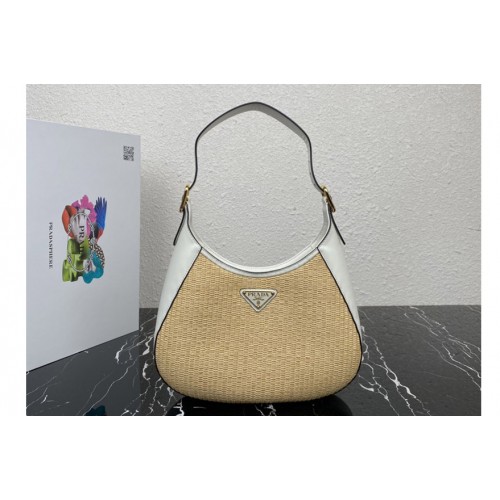 Prada 1BC179 Fabric and leather shoulder bag in Tan White Straw wicker