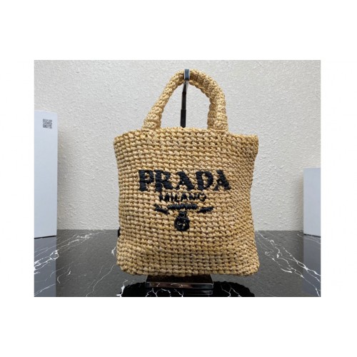 Prada 1BG422 Small crochet tote bag in Natural Straw wicker