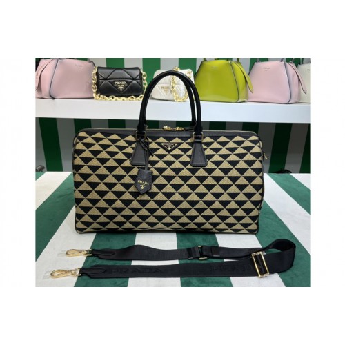 Prada 2VC034 Medium Prada Symbole embroidered fabric travel bag in Black Beige