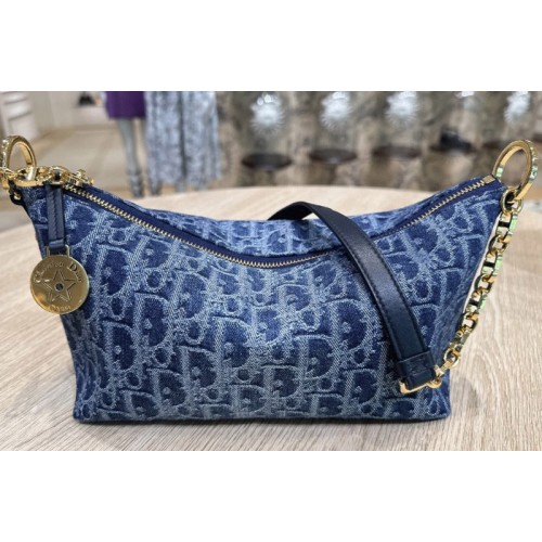 Dior S3202 Diorstar Hobo Bag with Chain in Blue Denim Dior Oblique Jacquard