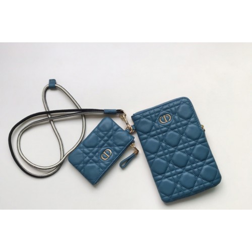 Christian Dior S5036 Dior Caro Multifunctional Pouch in Blue Supple Cannage Calfskin