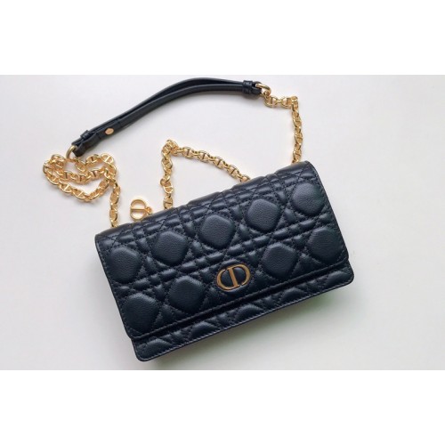 Christian Dior S5091 Dior Caro belt pouch With Chain Bag in Black Supple Cannage Calfskin