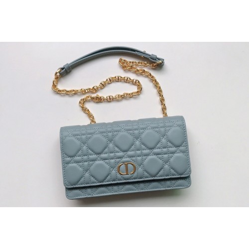 Christian Dior S5091 Dior Caro belt pouch With Chain Bag in Light Blue Supple Cannage Calfskin