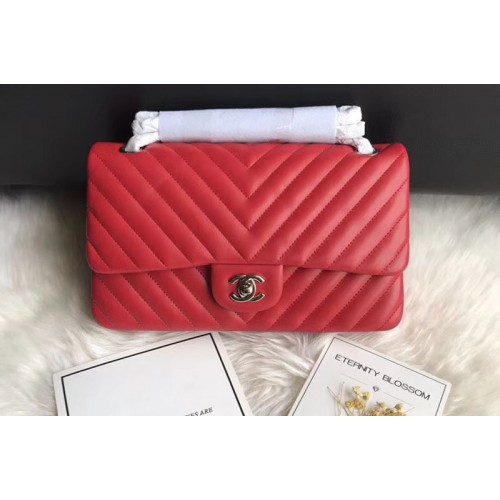 Chanel Flap Bag Original  Chevron Sheepskin Leather 1112  Red Silver Hardware