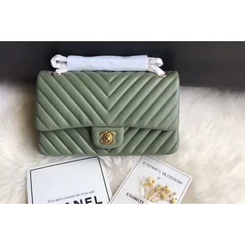 Chanel Flap Bag Original  Chevron Sheepskin Leather 1112  Green Silver Chain