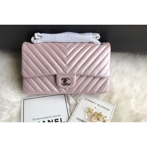 Chanel Flap Bag Original  Chevron Sheepskin Leather 1112  Light Pink Silver Chain
