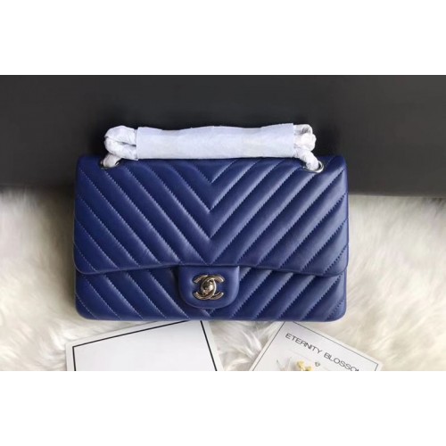 Chanel Flap Bag Original  Chevron Sheepskin Leather 1112  Blue Silver Chain