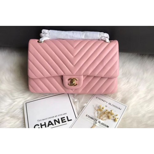 Chanel Flap Bag Original  Chevron Sheepskin Leather 1112  Pink Gold Chain