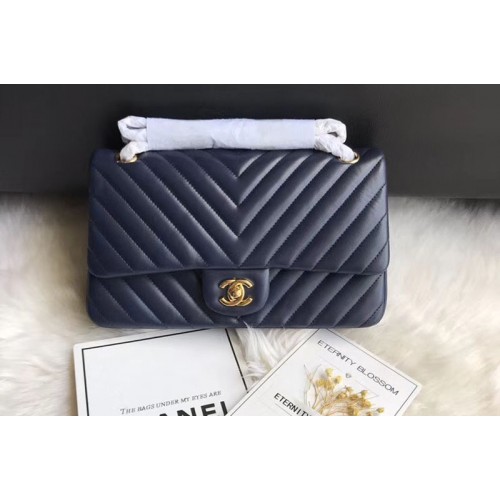 Chanel Flap Bag Original  Chevron Sheepskin Leather 1112  Blue Gold Chain
