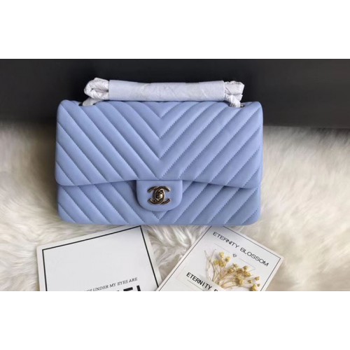 Chanel Flap Bag Original  Chevron Sheepskin Leather 1112  Sky Blue Silver Chain