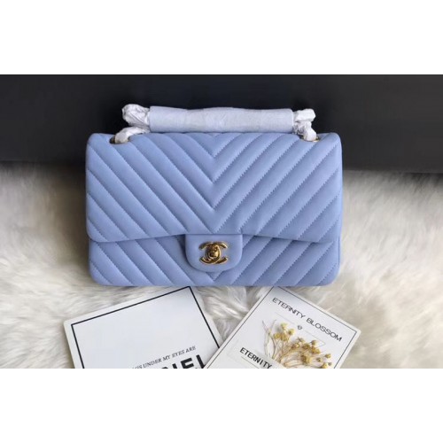 Chanel Flap Bag Original  Chevron Sheepskin Leather 1112  Sky Blue Gold Chain
