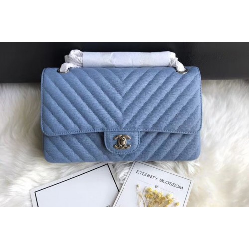 Chanel Original Calfskin Leather Flap Bag  CF1112 Blue Silver Chain