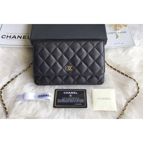 Chanel WOC Flap Original Calfskin Leather Shoulder Bags A33814 Black Gold Chain