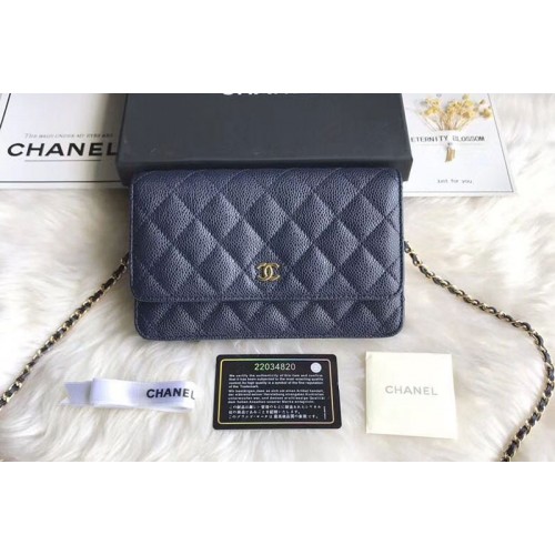 Chanel WOC Flap Original Calfskin Leather Shoulder Bags A33814 Blue Gold Chain