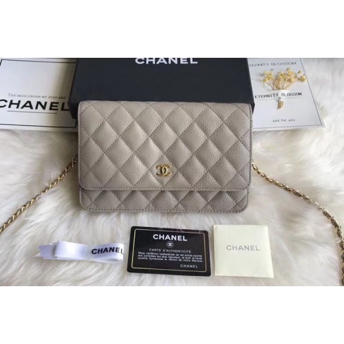 Chanel WOC Flap Original Calfskin Leather Shoulder Bags A33814 Grey Gold Chain