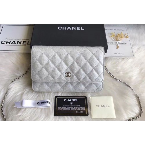Chanel WOC Flap Original Calfskin Leather Shoulder Bags A33814 White Silver Chain