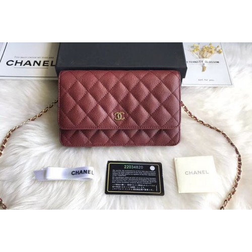 Chanel WOC Flap Original Calfskin Leather Shoulder Bags A33814 Wine Gold Chain