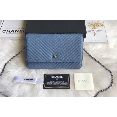 Chanel WOC Original Caviar Leather Flap cross-body bag V33814 Blue Gold chain