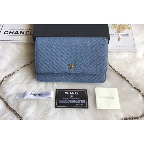Chanel WOC Original Caviar Leather Flap cross-body bag V33814 Blue Silver chain