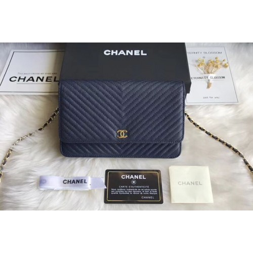 Chanel WOC Original Caviar Leather Flap cross-body bag V33814 Dark Blue Gold Chain