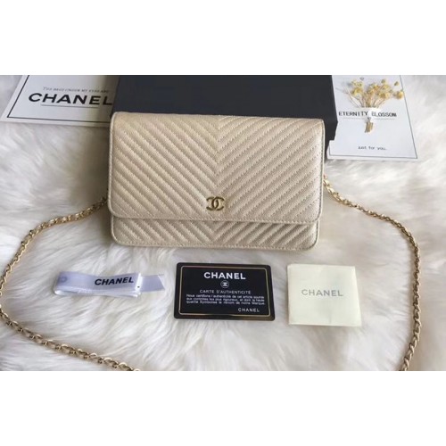 Chanel WOC Original Caviar Leather Flap cross-body bag V33814 Beige Gold Chain