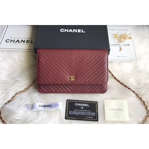 Chanel WOC Original Caviar Leather Flap cross-body bag V33814 Wine Gold Chain