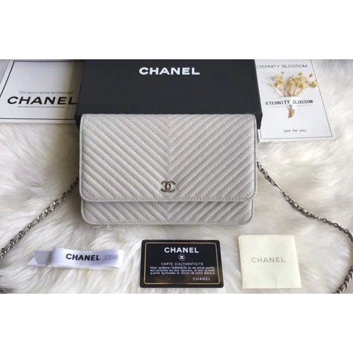 Chanel WOC Original Caviar Leather Flap cross-body bag V33814 Grey Silver Chain